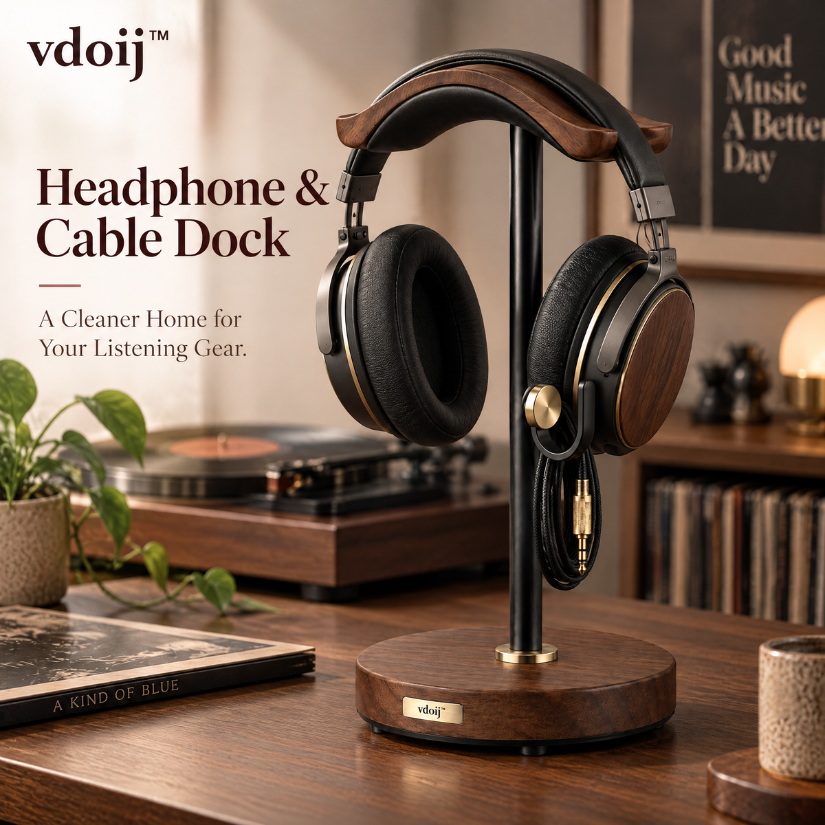 vdoij Walnut Headphone and Cable Dock displaying headphones