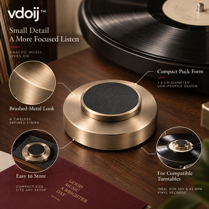 vdoij record stabilizer feature overview showing compact puck and brushed-metal look