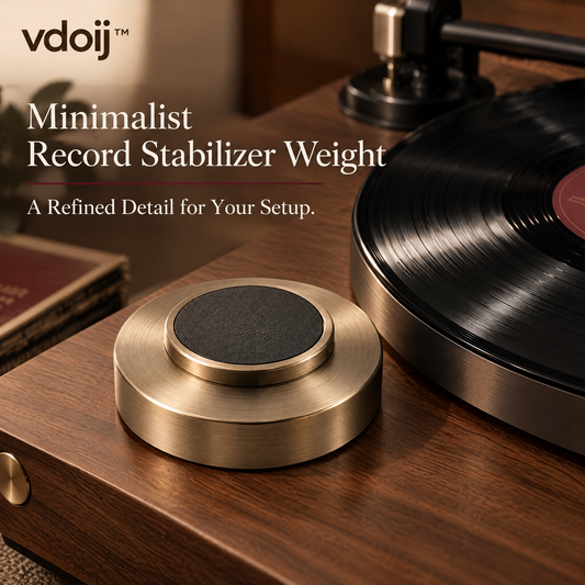 vdoij Brushed-Metal Vinyl Record Stabilizer beside a vinyl record