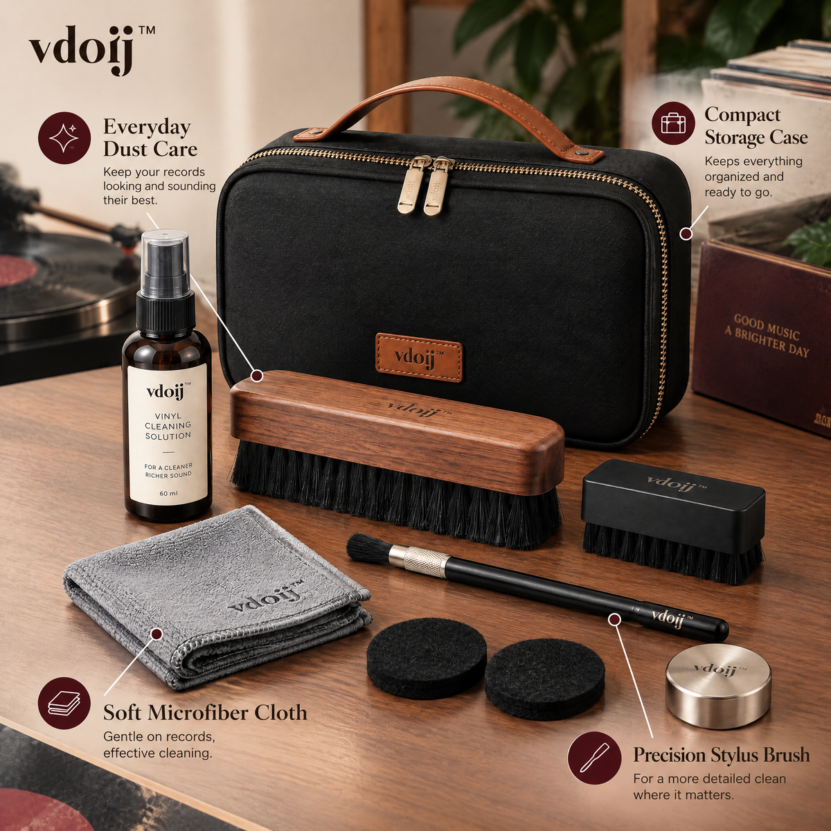 Premium Vinyl Cleaning Kit feature overview showing brushes, cloth and storage case