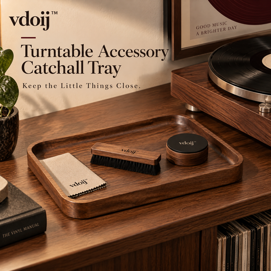 vdoij Walnut-Tone Turntable Catchall Tray styled with record-care accessories