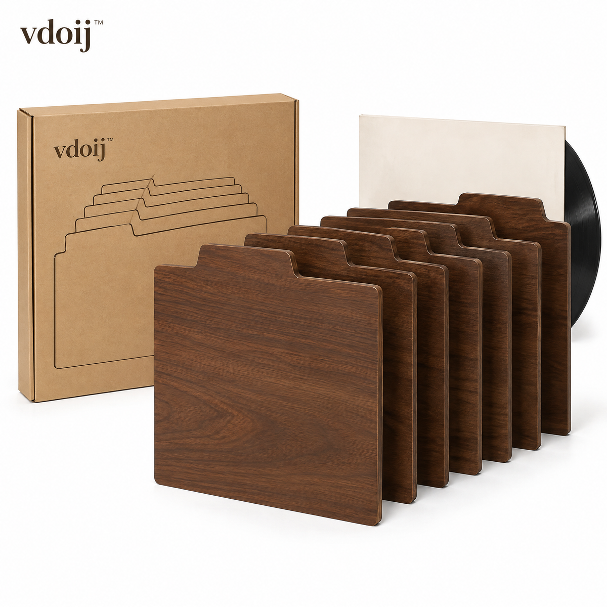 vdoij walnut-tone record dividers and packaging on a white background