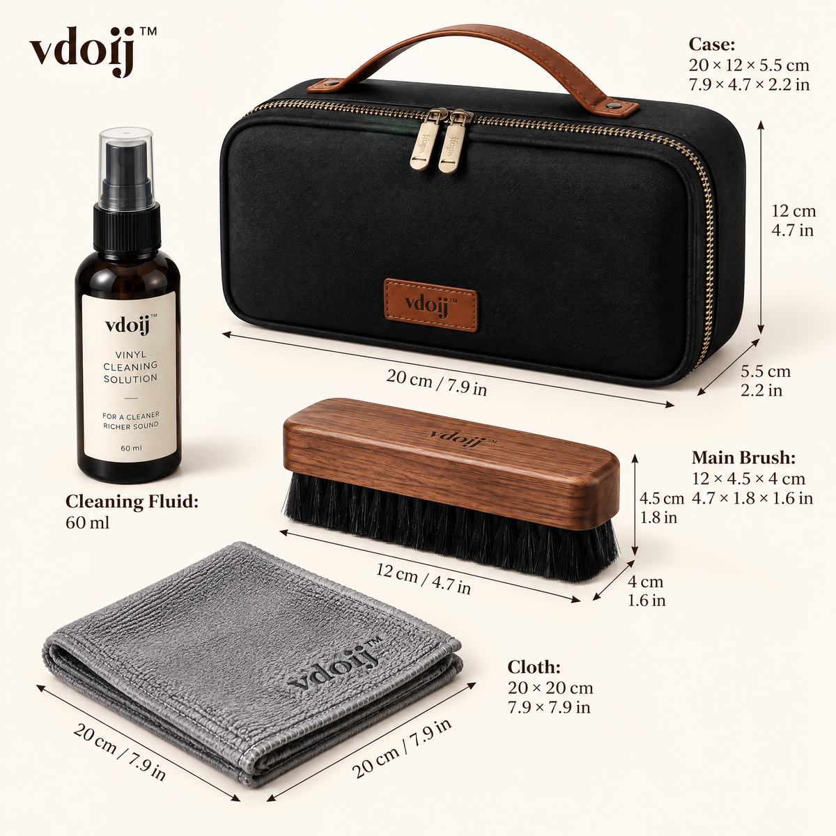 Premium Vinyl Cleaning Kit dimensions for case, brush, cloth and cleaning fluid