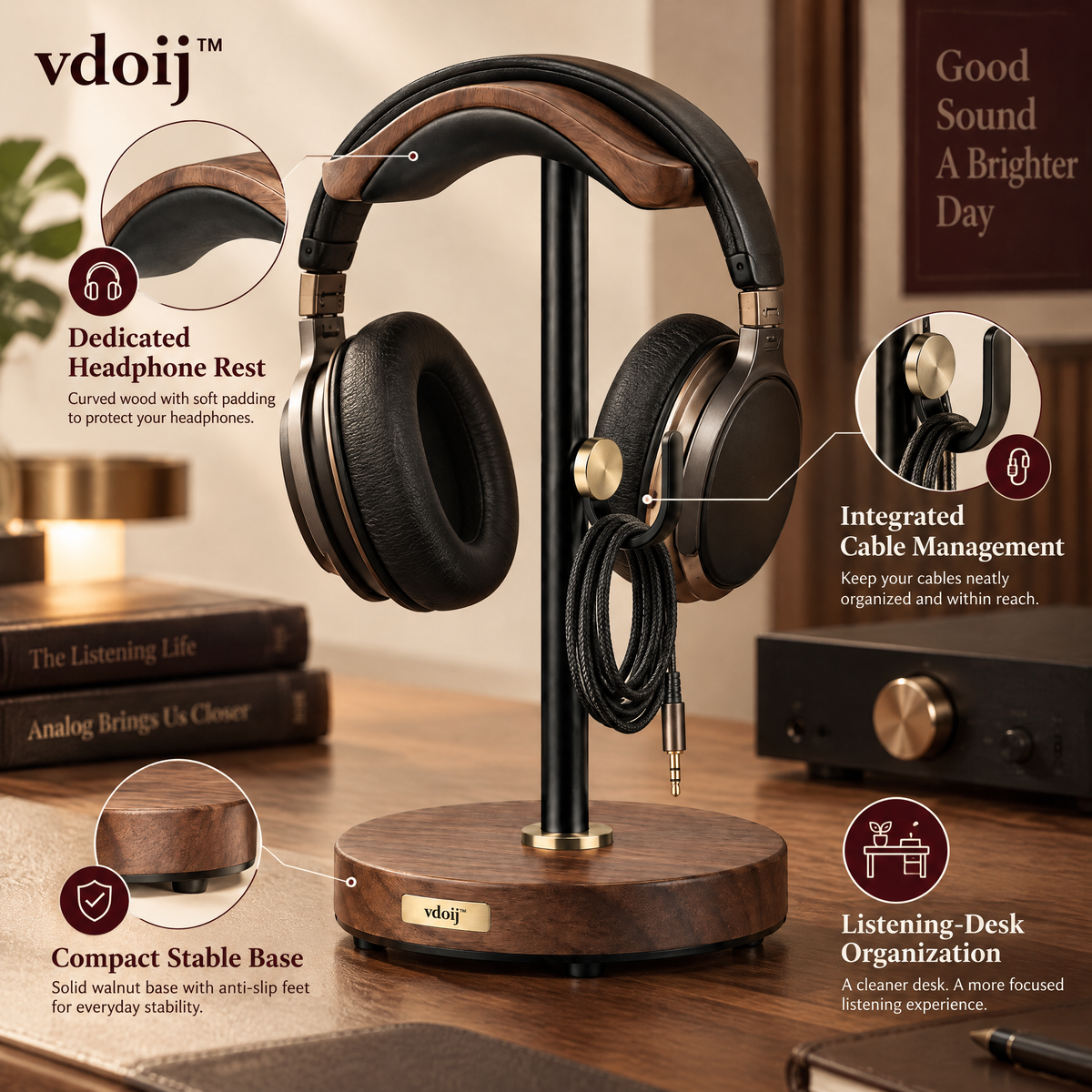 vdoij headphone dock features including padded rest, cable hook and stable base