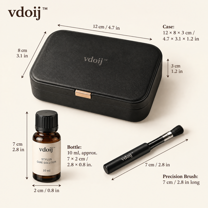 Stylus Care Essentials Kit dimensions for case, bottle and precision brush