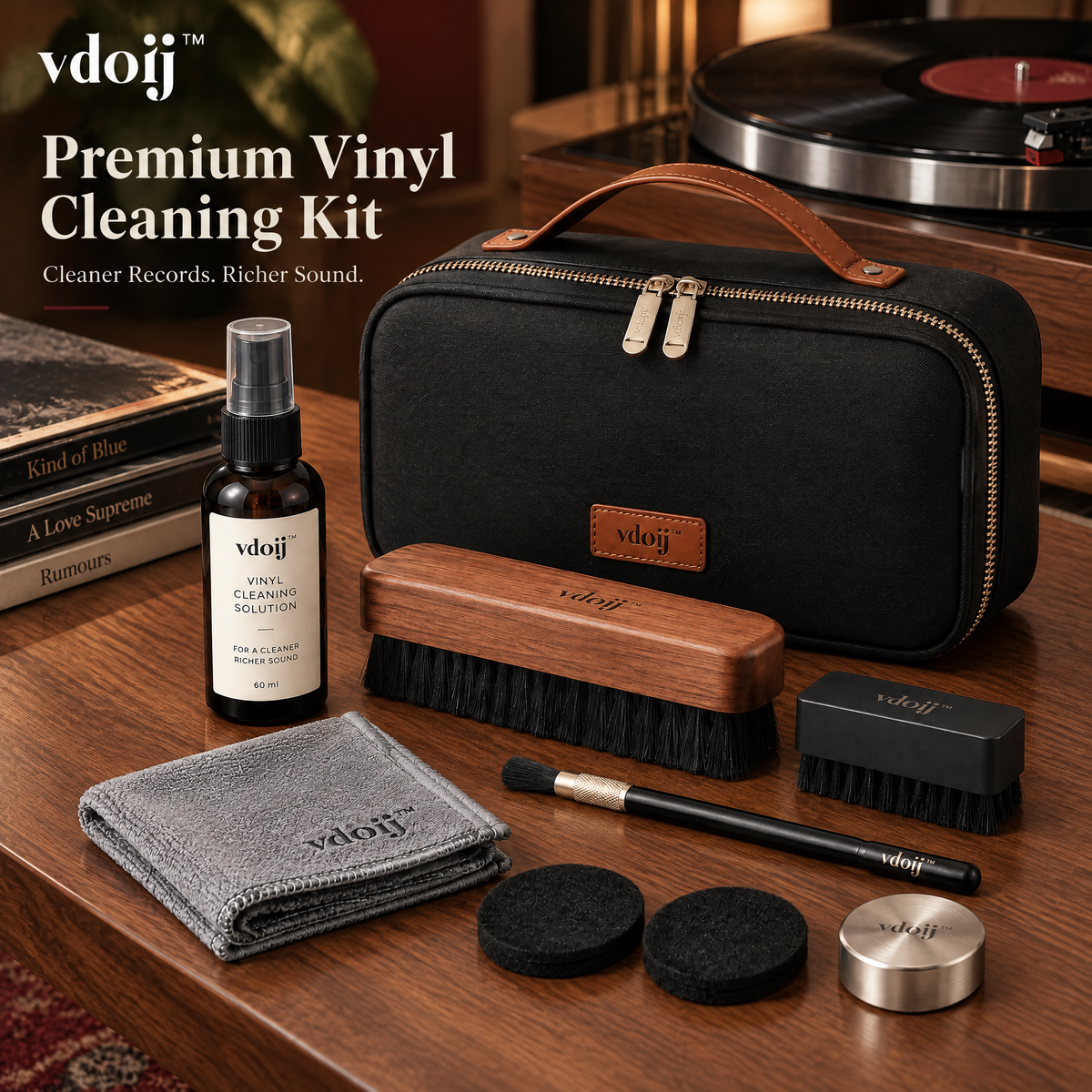 Premium Vinyl Cleaning Kit with carry case and record-care accessories