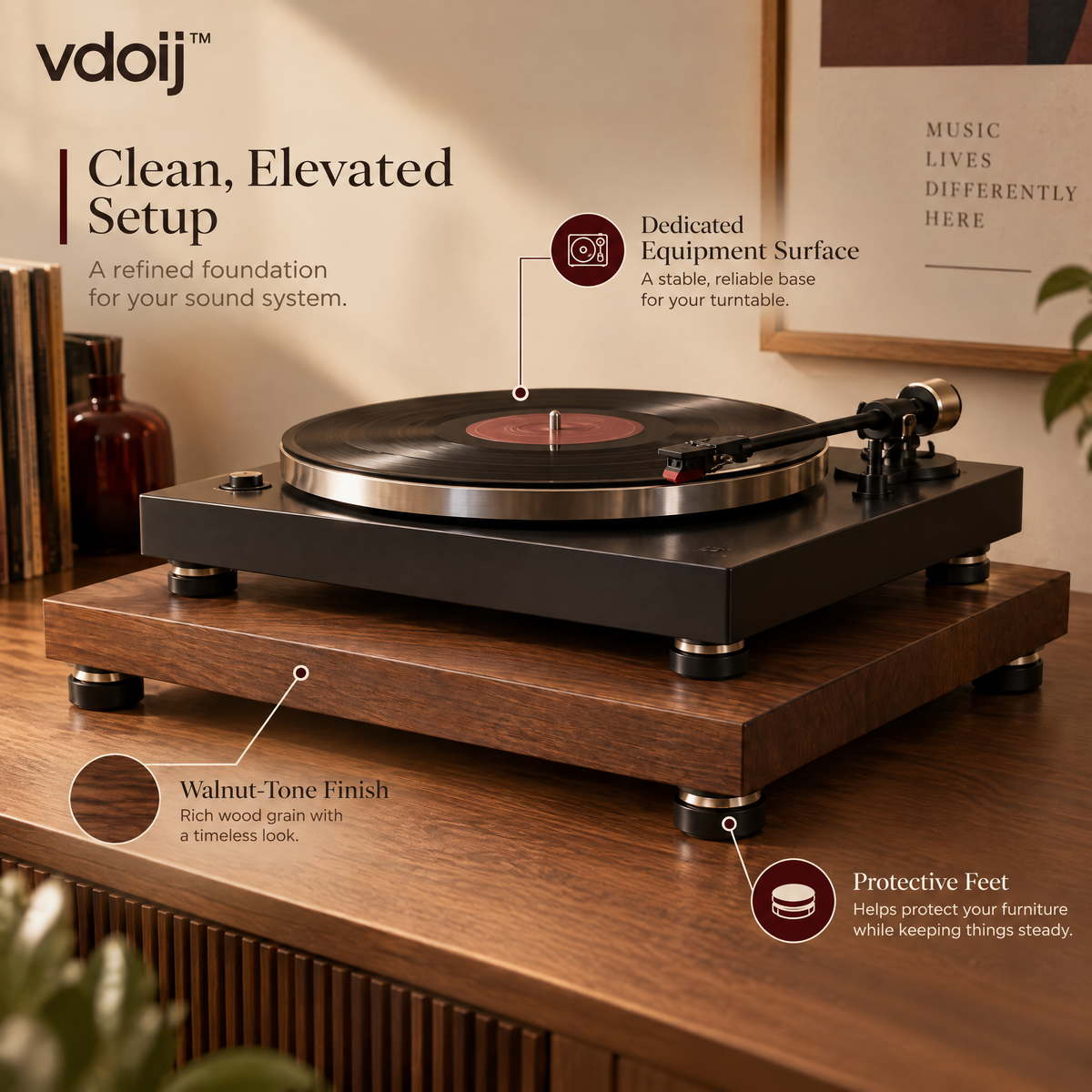 vdoij Turntable Isolation Platform feature overview with walnut-tone finish and protective feet