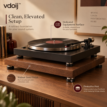 vdoij Turntable Isolation Platform feature overview with walnut-tone finish and protective feet