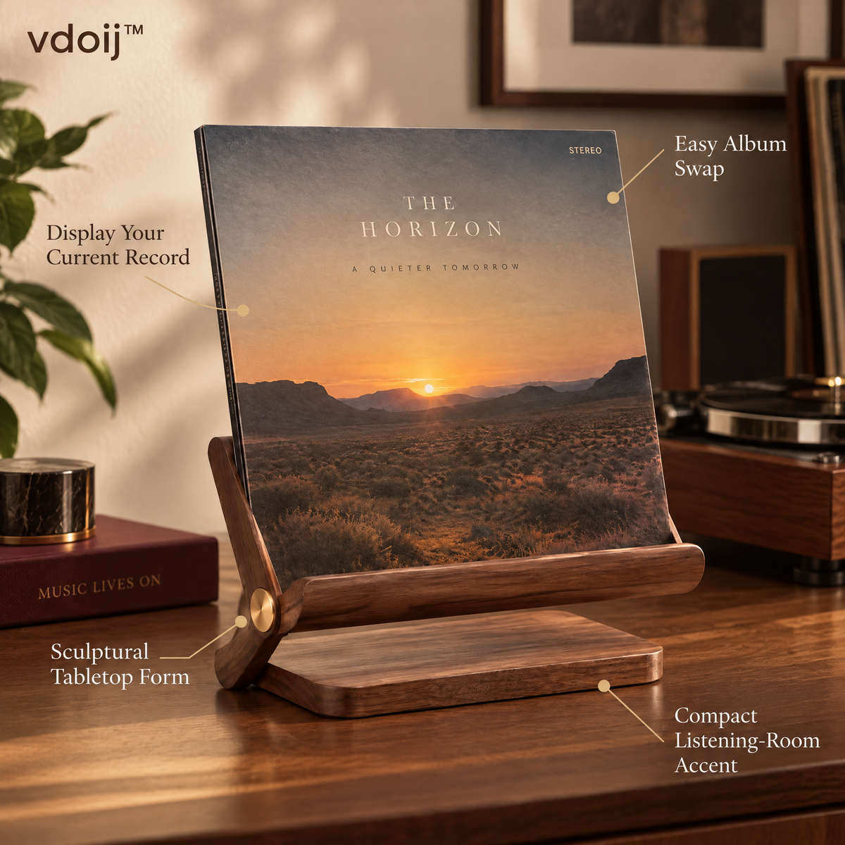 vdoij Now Playing Stand features including easy album swap and sculptural tabletop form