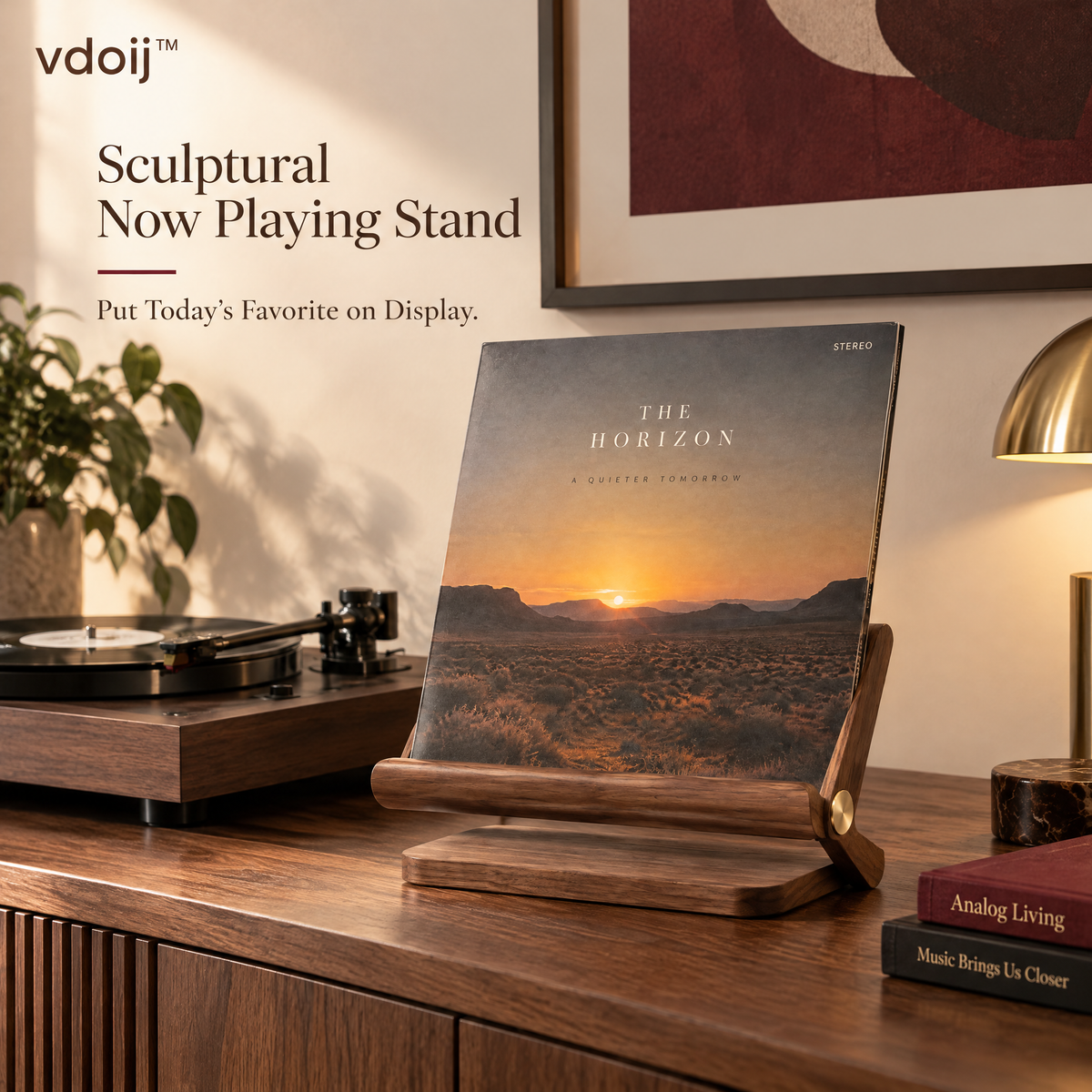 vdoij Sculptural Now Playing Stand displaying a vinyl album cover beside a turntable