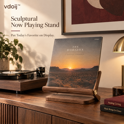 vdoij Sculptural Now Playing Stand displaying a vinyl album cover beside a turntable