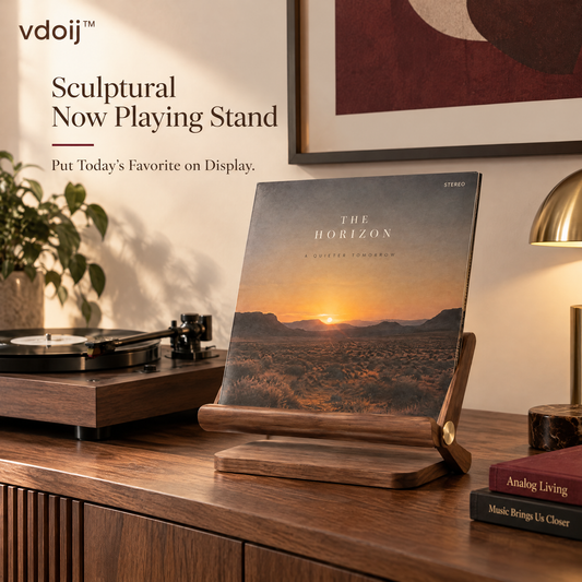 vdoij Sculptural Now Playing Stand displaying a vinyl album cover beside a turntable